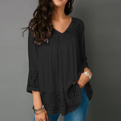 

Women Summer Solid Color Lace Stitching Shirt V-Neck Seven-Quarter Sleeve Sexy Cute Casual Tops