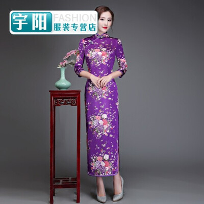

Silk sleeves long cheongsam slim performance catwalk welcome ceremonial cheongsam dress large size retro