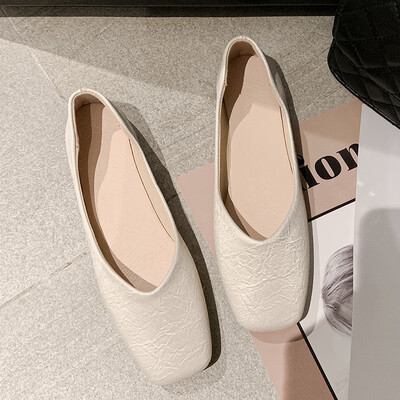 

Single shoe woman 2019 summer celebrity flat bottom shallow square head soft skin soft sole pedal grandmother bean shoes autumn