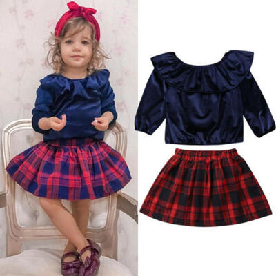 

UK Toddler Kid Baby Girl Xmas Clothes Tops T Shirt Plaid Dress Skirt Outfits Set