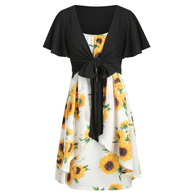 

Knotted Top&Sunflower Overlap Dress Set