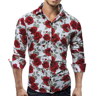 

SUNSIOM Rose Flower Printed Shirts Mens Luxury Long Sleeve Tops Tee Slim Fit Casual