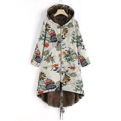 

Tailored Womens Winter Warm Outwear Floral Print Hooded Pockets Vintage Oversize Coats