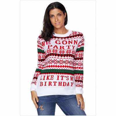 

Round neck long sleeve letter print pullover wool casual sweater