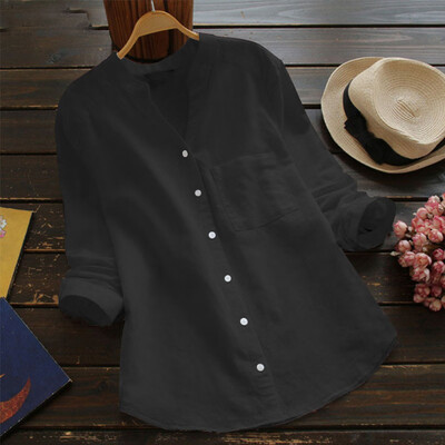 

Nomeni Women Cotton linen Casual Solid Long Sleeve Shirt Blouse Button Down Tops