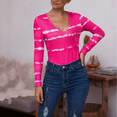 

Autumn Women V-Neck Tie-dyed Tee Long Sleeve Plus SizeTunic Ladies Bottoming Tops Slim Tshirt Streetwear