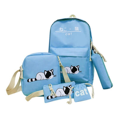 

5pcsset Cute Cat Canvas Bags Student Travel Backpack Shoulder Clutch Bag