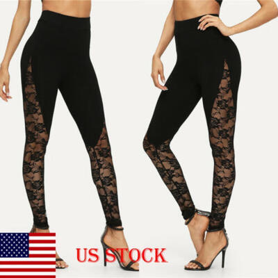 

US STOCK Womens Floral Lace Leggings Mesh Fitness Pants Elastic Trousers Sport