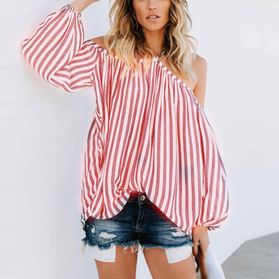 

Womens Sexy Tops T-Shirt Lantern Sleeve Casual Loose Stripe Hanging Neck Shirt