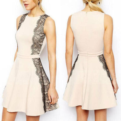 

UK Womens Zipper Sleeveless Bodycon Dress Ladies Evening Party Lace Mini Dress