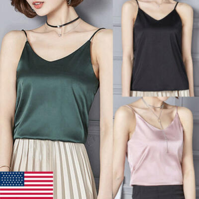 

Womens Silk Satin Camisole Cami Plain Strappy Vest Tops Sleeveless Blouse Tank