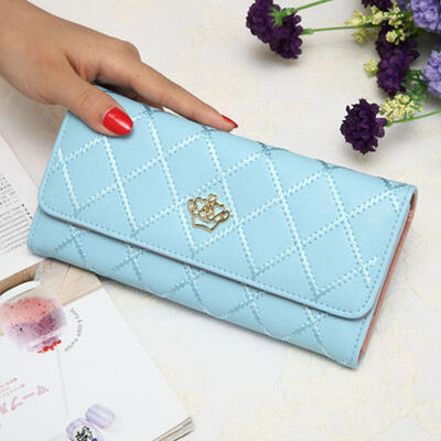 

Womens Geometric Rhomboids Purse PU Tri-fold Wallet With Crown Applique