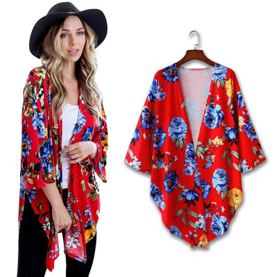 

Women Kimono Floral Print Open Front Bell Sleeve Splits High Low Irregular Hemline Loose Casual Cardigan