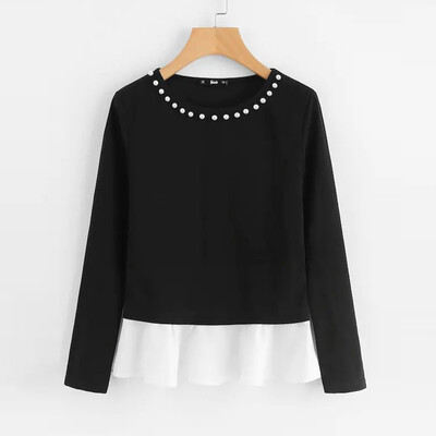 

Tailored Fashion Women O-Neck Patchwork Long Sleeve Pearl Beading Tops Blouse