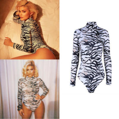 

Women Turtleneck Long Sleeve Leopard Stretch Leotard Bodysuit Romper Top Blouse