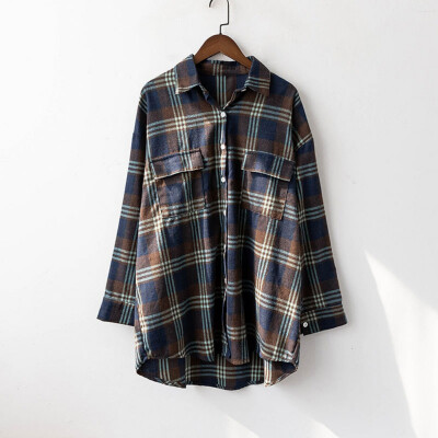 

Autumn Plaid Vintage Female Blouse 2019 New Fashion Sweet Loose Long Sleeve Shirts Turn-Down Collar Women Tops