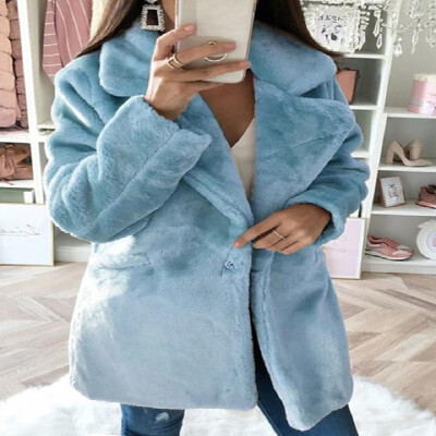 

Solid Wide Lapel Dual Pockets Long Sleeves Single Button Plush Coat