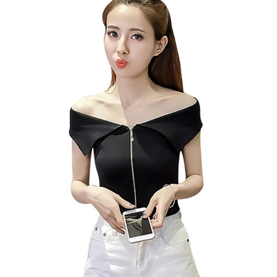 

New Summer Sexy Off Shoulder T Shirt Tops For Women Casual Sleeveless Short T-shirts Korean Fashion Zipper Cropped Tops