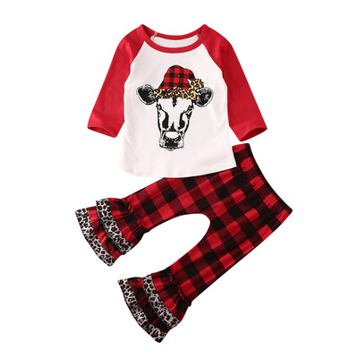

2PCS Toddler Baby Girl Christmas Cartoon Long Sleeve Top Plaid Pants Outfit Set