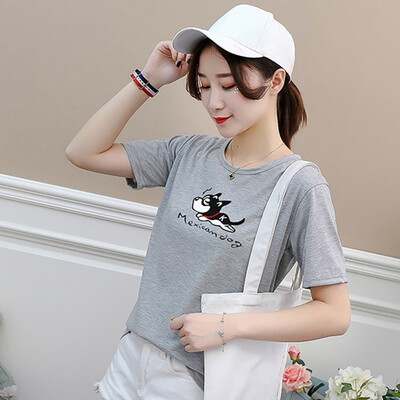 

Woman Dog Print Solid Tshirt T-shirt Summer Puppy Short Sleeve O-Neck Cotton Women Top Slim Fit Soft Women T-shirt
