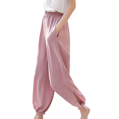 

Women Comfy Harem Pants Mid Waist Elastic Solid Color Loose Straight Casual Long Trousers