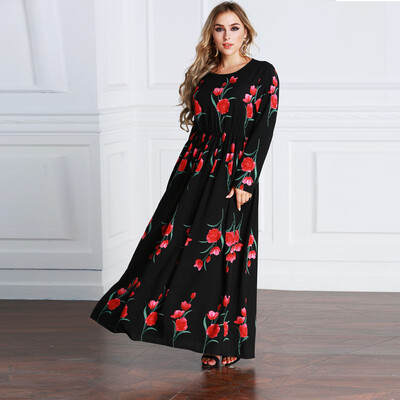

New Fashion Plus Size Maxi Dress Rose Print O Neck Long Sleeve Elastic Waist Long Dress Black