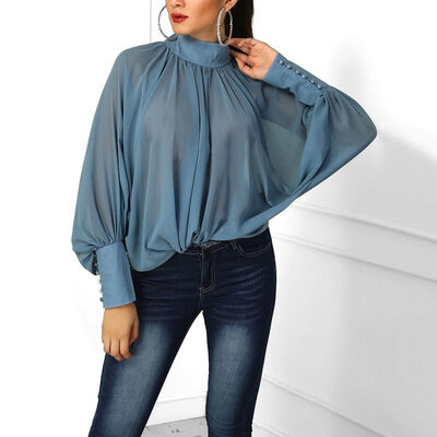 

Women Loose Casual Chiffon Summer Sweet Solid Color Puff Sleeve Half-high Collar Bottoming Blouse
