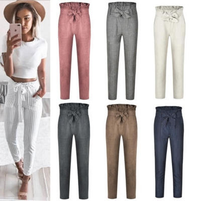 

Fashion Women High Waist Drawstring Elastic Long Pants Stripped Pencil Trousers