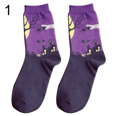 

Halloween Party Haunted House Print Women Breathable Cotton Middle Tube Socks