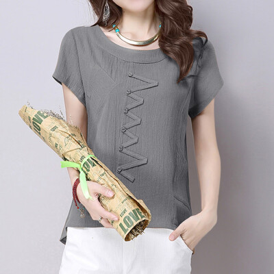 

Nomeni Fashion Women Summer O-Neck Short Sleeve Buttons Cotton And Linen Casual Top Tee