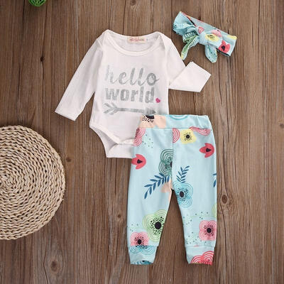 

Cotton Newborn Baby Girls Romper Floral PantsHeadband 3Pcs Outfits Set Clothes