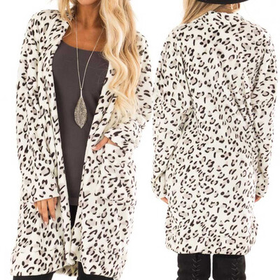 

Nomeni Womens Autumn Pocket Winter Long Sleeve Leopard Print Fashion Pocket Long Coat
