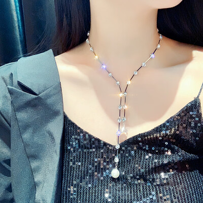 

Fashion Rhinestone Choker Necklace for Women Pearl Pendant Crystal Long Choker Chain Necklace Collares Chocker Jewelry Party