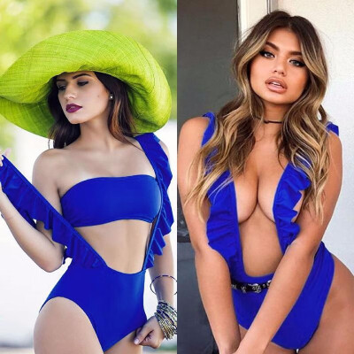 

Ebay sizzling solid color ruffled irregular sexy sling one-piece swimsuit ST2410 blue