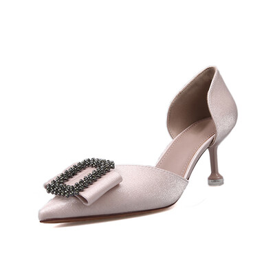 

A Baotou Sandals High heels Spring&Summer Tip Hollow Single Shoes Fashion Water Drill Button Cat heels Womens Shoes