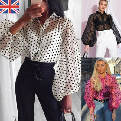 

UK Women See-through Sheer Mesh Dot Blouse Puff Long Sleeve T-shirt Tops Shirts