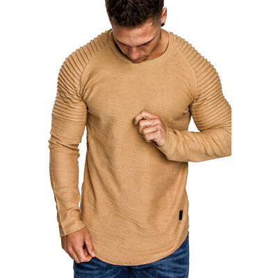 

Mens Muscle Pleated Long Sleeve Tops Round Neck Summer Slim T-Shirt Blouse