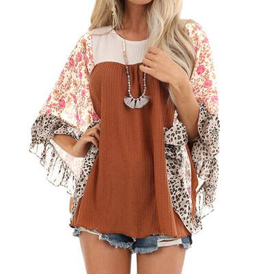 

2019 Autumn Women Fashion Bat sleeve Printing Splice O-neck Long sleeve knitting Sweater