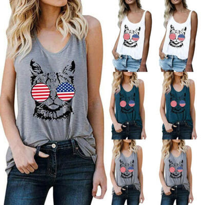 

New Women Loose Tank Tops Casual Cat Print Crop Top Sleeveless T-Shirt Cami Vest