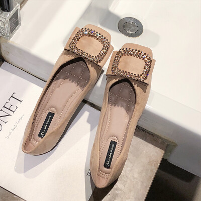 

Single shoe girl 2019 spring new square buckle face square head shallow fairy wind flat bottom ladle shoes soft soles bean shoes