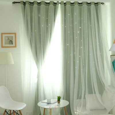 

2 Layers Shading Voile Curtain Window Panel Romantic Stars Hollow Decor 4 Colors