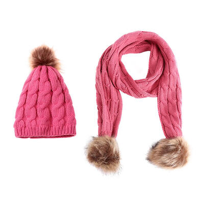 

2pcsset Cute Children Girls Warm Pompom Fleece Casual Twist Hats Scarf