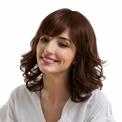 

Gobestart Ladies Human Hair Brown Wigs With Bangs StraightCurly Middle Length Wave Wigs