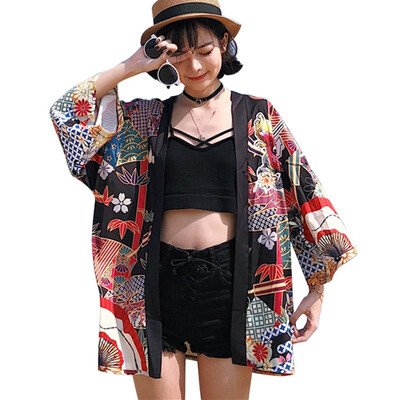 

Vintage Japanese Harajuku Style Coat Kimono Jacket women Japanese Girlfriends kimono Print Beach CardiganChaqueta Mujer