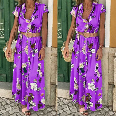 

Lady Short Sleeve Floral Wrap With Belt Boho Long Shirt Dress Women V-neck Party Bodycon Maxi Dress Clothing Sundress Plus Size