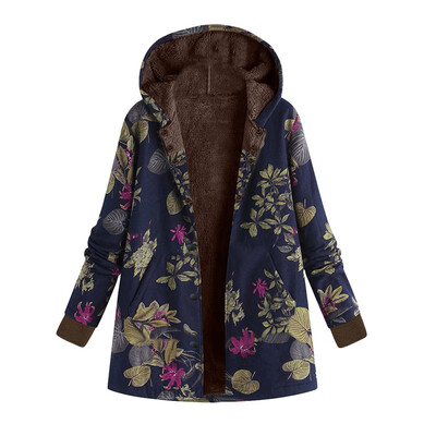 

Womens Winter Thick Outwear Floral Ethinic Lined Hooded Warm Pockets Coat -3XL