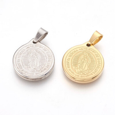 

304 Stainless Steel Pendants Flat Round with Virgin Mary Mixed Color 205x18x25mm Hole 4x5mm