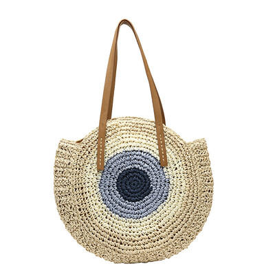 

2019 New Peacocks Eye Straw Women Shoulder Bag Circle Handmade Contrast Color Large Handbag Beach Bag Over Shoulder Tote Bag