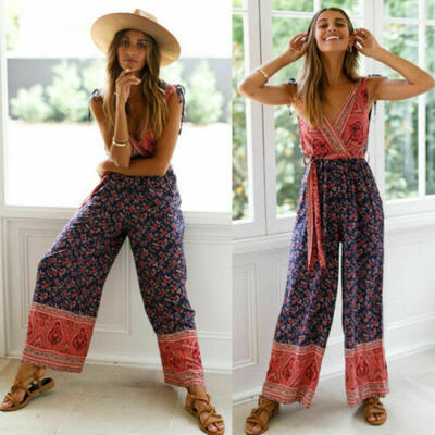 

HOT Women Boho Playsuit Jumpsuit Rompers Summer Beach Casual Long Trousers Dress