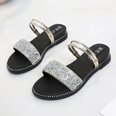 

Womens sandals Korean version of Baitao Student Flat Bottom One Word Strip Womens Shoes Simple One Shoe Two Sandals